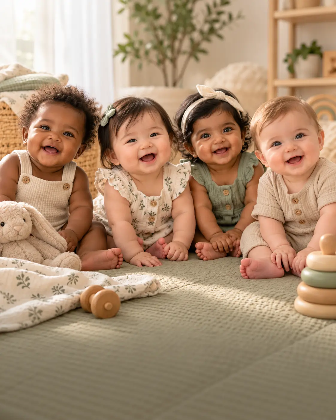 Four happy babies sitting together on a soft mat with wooden toys and a plush bunny